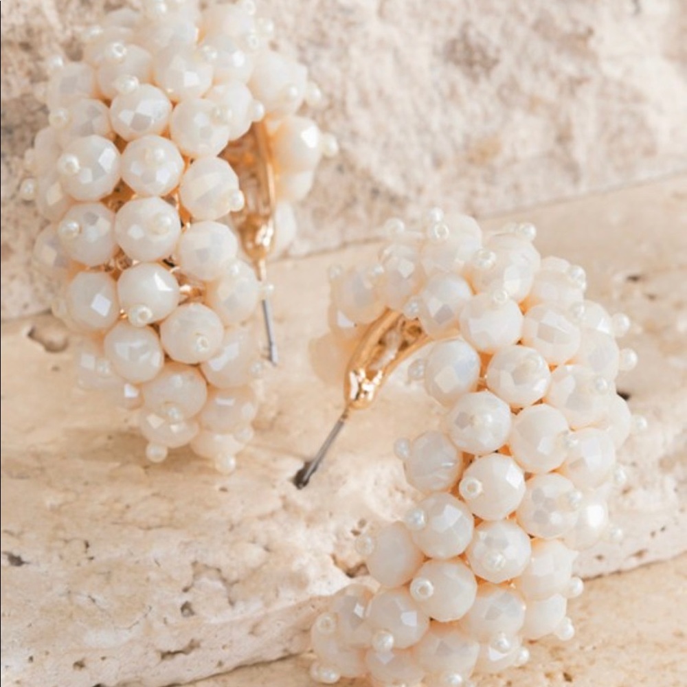 Ivory Beaded Half Hoop Earrings!